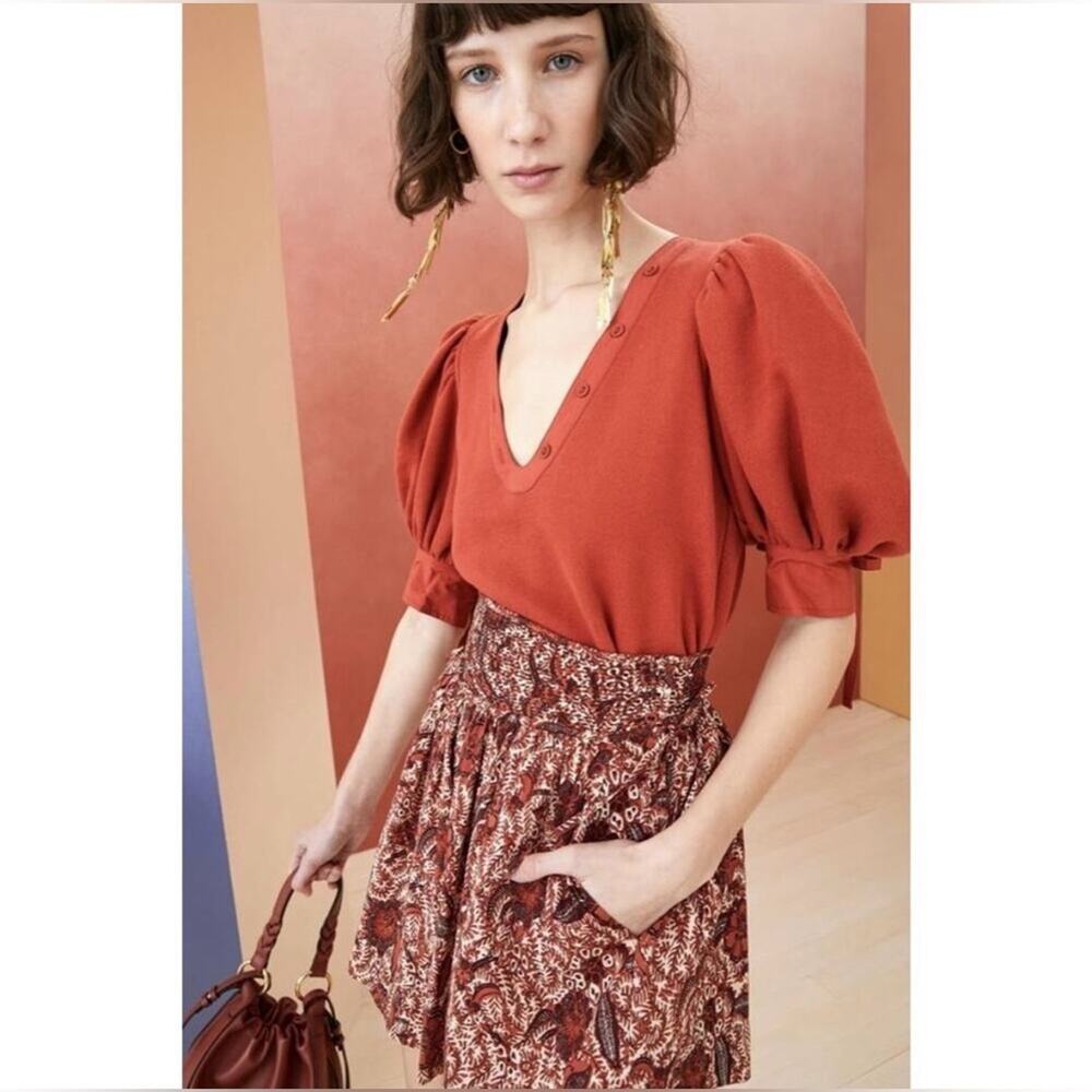 NEW Ulla Johnson Bessa Pullover Top in Bossa Nova Burnt Orange Small Puff Sleeve